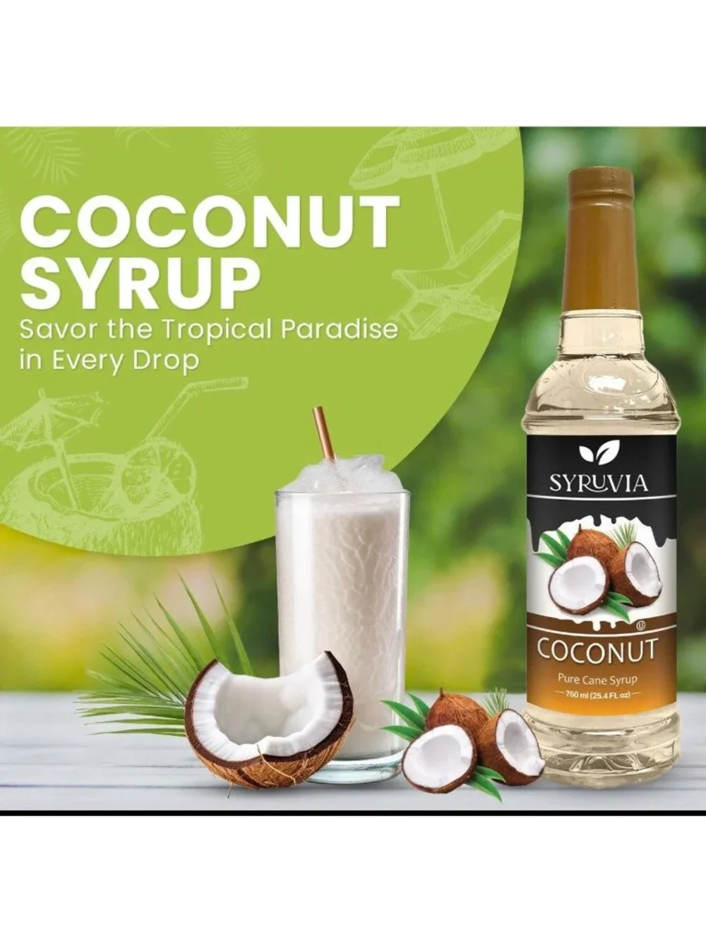 Syruvia Coconut Pure Cane Sugar , Coffee Syrup – 750ml~25.4 fl oz  Exp 8/2027